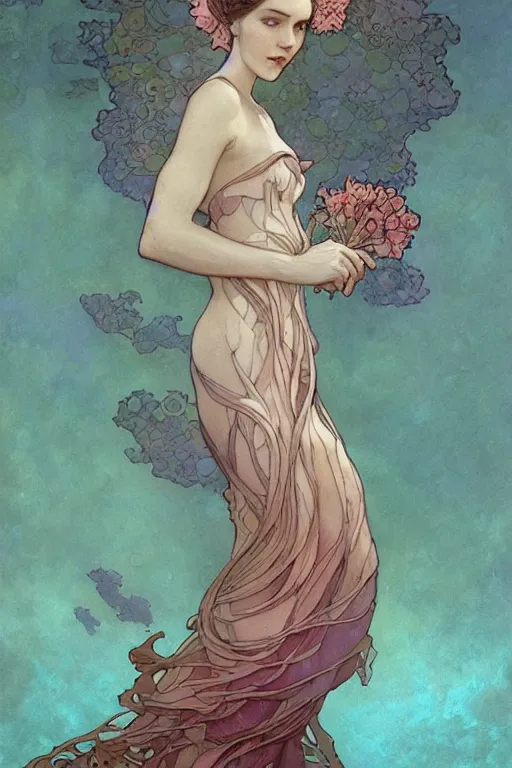 Image similar to profile portrait of a beautiful mysterious woman underwater, hidden hands holding a bouquet of flowers, corals and fish, by eve ventrue, michael carson, andreas rochas, john watkiss, casey weldon, artgerm. art nouveau. tarot card by mucha. gloomhaven. swirly intricate linework background. gaudy colors, sharp edges. octane render