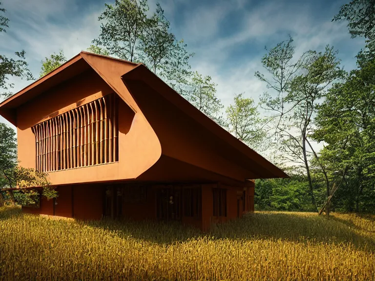 Image similar to hyperrealism design by frank lloyd wright and kenzo tange photography of beautiful detailed small house with many details around the forest in small ukrainian village depicted by taras shevchenko and wes anderson and caravaggio, wheat field behind the house, volumetric natural light