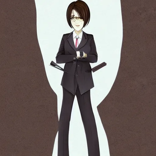 Prompt: woman in black business suit, chill, light brown neat hair, pixiv, fanbox, trending on artstation, portrait, digital art, modern, sleek, highly detailed, formal, serious, determined, lawyer, colorized, smooth, charming, pretty, safe for work