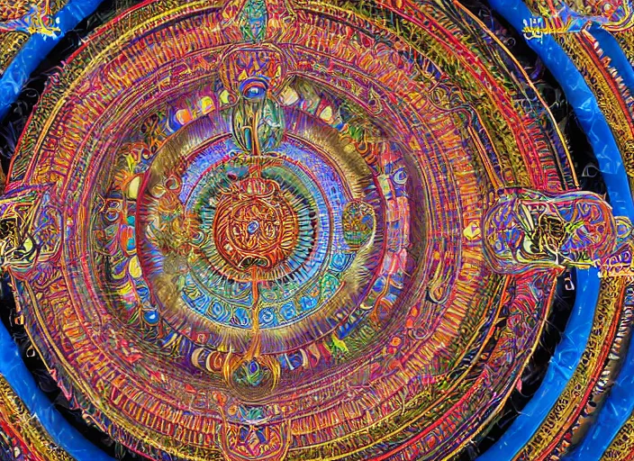 Image similar to hyperrealism, detailed textures, photorealistic 3 d render, a coloured beautiful mystical tibetan kalachakra crystal mandala with sanskrit writing, sharp focus, ultra realistic, ultra high pixel detail, cinematic, intricate, cinematic light, concept art, illustration, art station, unreal engine 8 k