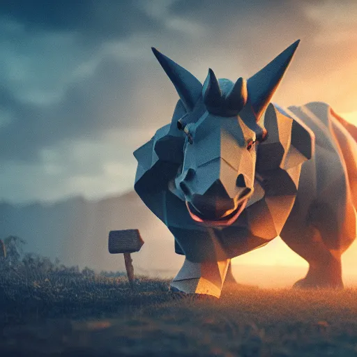 Image similar to photography of a realistic rhyhorn animal, ultra detailed, 8 k, cinematic lighting, natural background, trending on artstation, pokemon