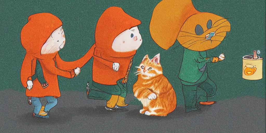 Image similar to a bearded man and an orange tabby kitten standing in the rain by richard scarry