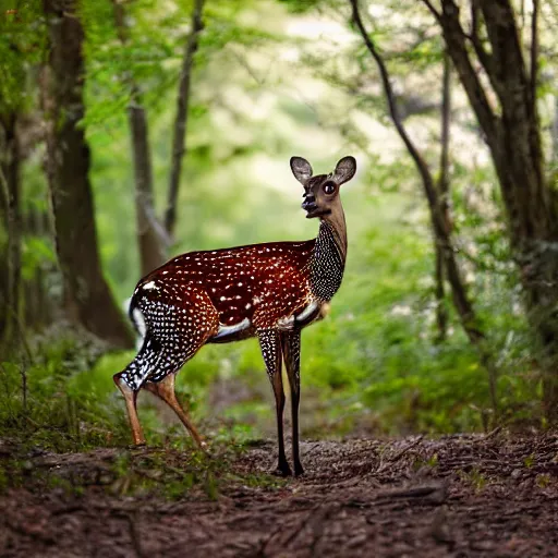 Image similar to a beautiful spotted deer in the woods, canon eos c 3 0 0, ƒ 1. 8, 3 5 mm, 8 k, medium - format print