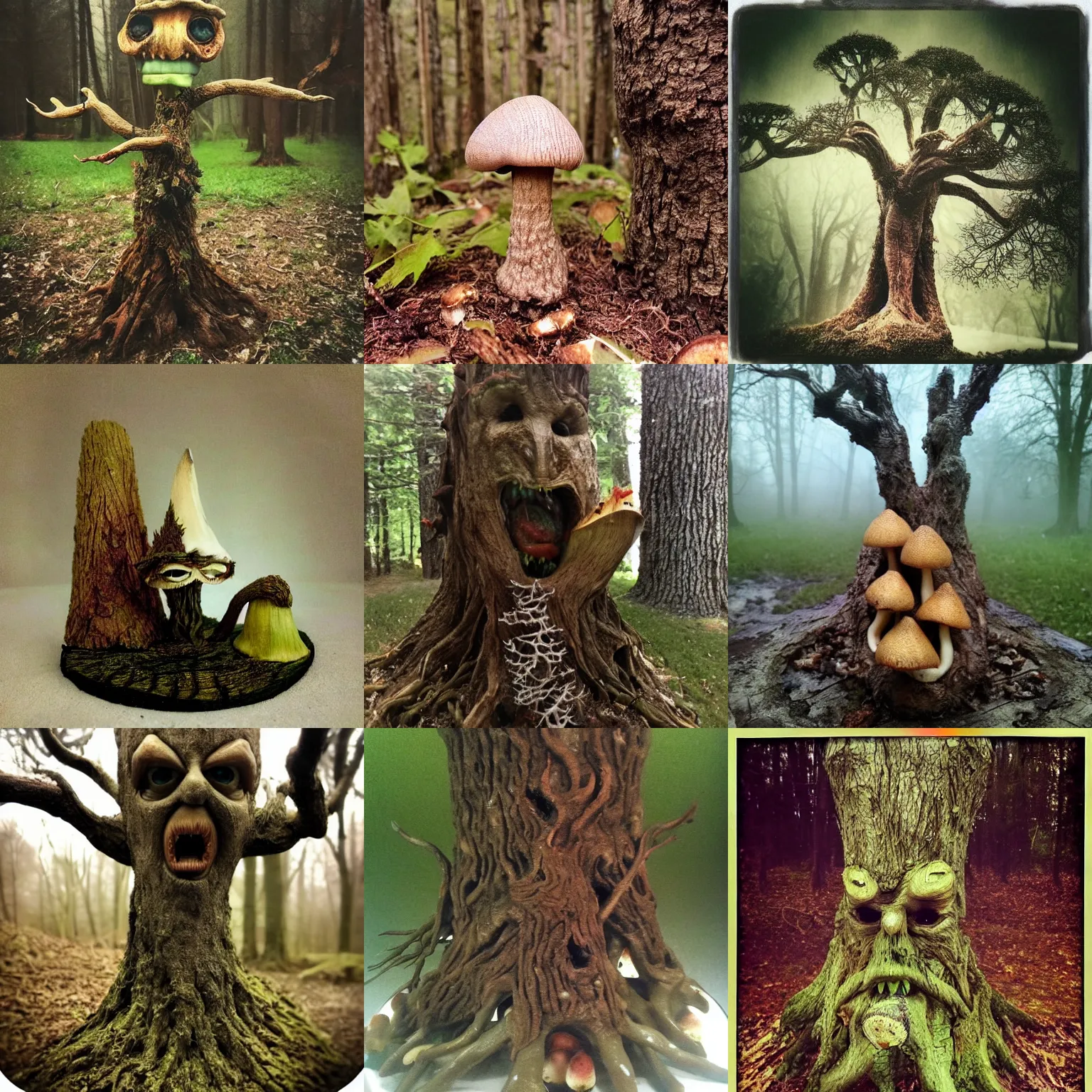 Prompt: angry hungry evil treebeard ent oak tree eating amanita mushrooms!!! 🍄 stuffing mushrooms!!! into his gaping maw, dark fantasy horror, ominous, disturbing tortured face made of wood, oak tree treant, foggy, eerie mist, low quality instant camera photo