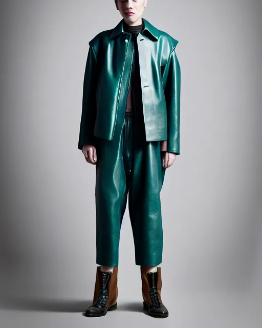 Image similar to an award - winning photo of a teal cropped extremely baggy ancient medieval designer menswear leather jacket with an oversized large collar and baggy bootcut trousers designed by alexander mcqueen, 4 k, studio lighting, wide angle lens