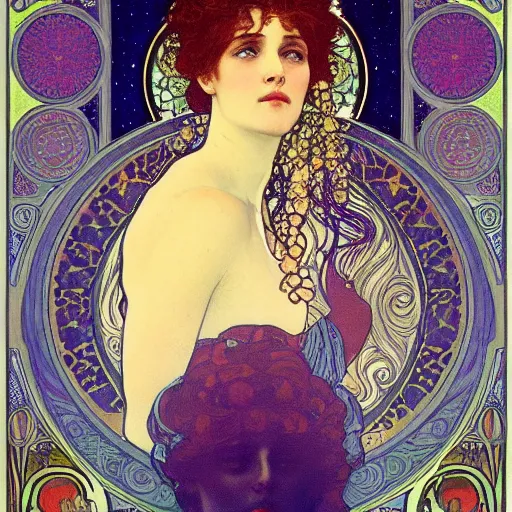 Image similar to salome among the stars beautiful detailed romantic art nouveau face portrait by alphonse mucha and gustav klimt, hauntingly beautiful refined moody celestial dreamscape