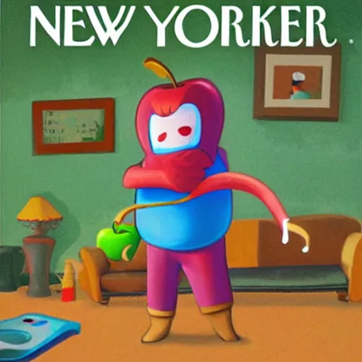 Image similar to new yorker cartoon of the fruit of the loom apple costume mascot man playing video games