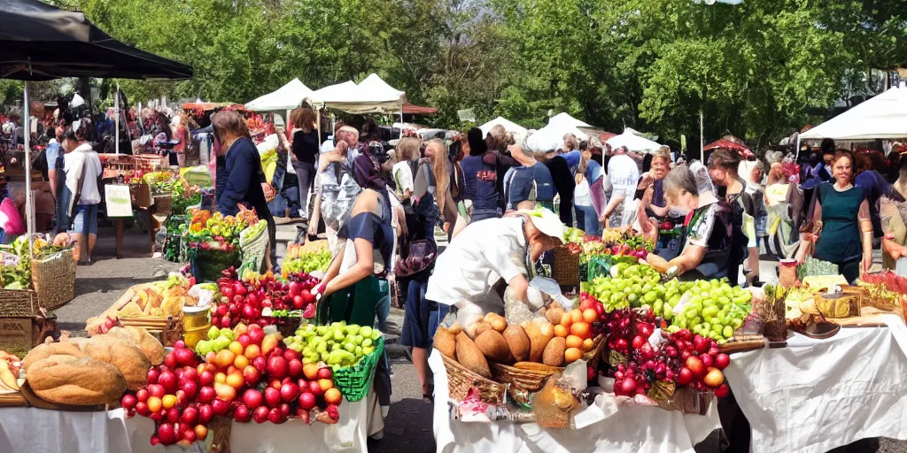 Image similar to a lovely photo, sunday morning at the local farmers market, vendors with fruit and breads, jars of jams and honey, crowds of people, flowers and activity all around, happy, fun