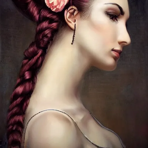 Image similar to beautiful portrait of a woman with artistic drawing brushes in her hair.