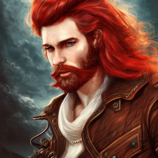 Image similar to rugged ship captain, male, handsome, red hair, long hair, handsome, fantasy, intricate, elegant, highly detailed, piercing eyes, steampunk, digital painting, artstation, concept art, character art, smooth, sharp focus, illustration, art by artgerm