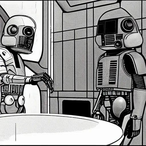 Image similar to ig-88 talking in the cantina, artwork by ralph mcquarrie