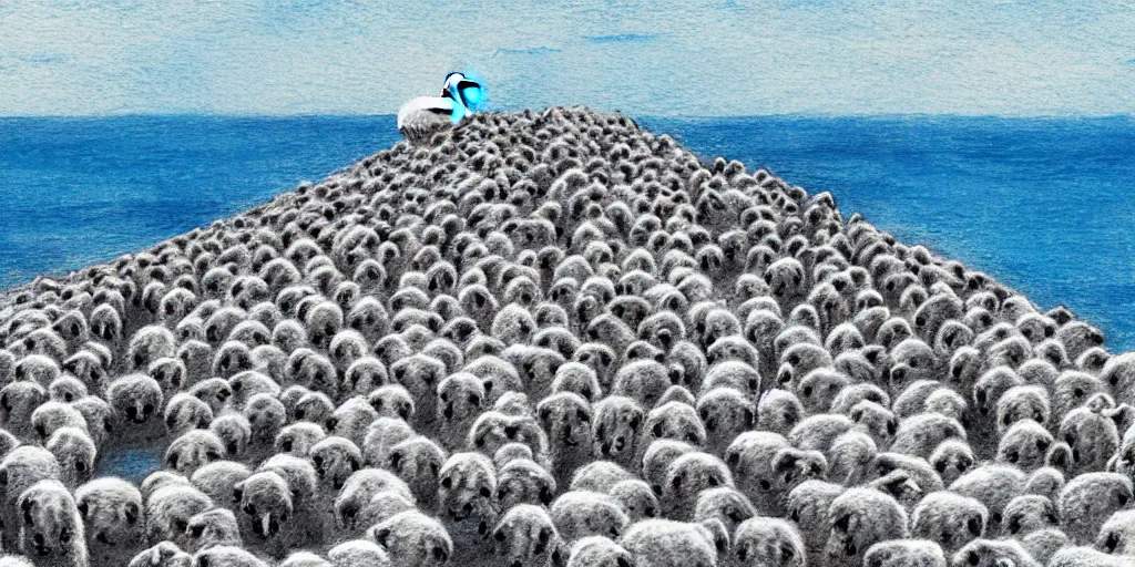 Prompt: eighty white sheep running fast in the direction of a cliff and we can see them falling like lemmings down the rocks below to the sea and the crashing white waves, there is one single black sheep going against the crowd, clear blue skies, old colored sketching, lateral sideways horizon panoramic shot