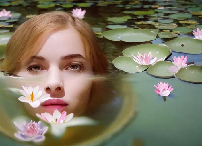 Prompt: face is emerging from the water Kodak Portra 400, 8K, soft light, volumetric lighting, highly detailed, britt marling style 3/4, photo close-up portrait of extreme beautiful girl floating in water surrounded by lily pads, half face in the water, a beautiful lace dress and hair are intricate with highly detailed realistic beautiful flowers , Realistic, Refined, Highly Detailed, natural outdoor soft pastel lighting colors scheme, outdoor fine art photography, Hyper realistic, photo realistic