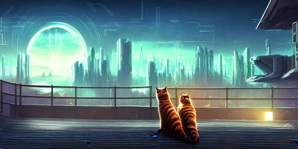 Prompt: cat sitting on a wooden deck, staring into the sky, night, dramatic warm lighting, futuristic cyberpunk cityscape in background, stellaris concept art, ringworld structure in sky
