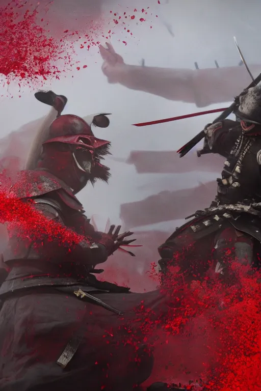 Image similar to a close up shit of the bloodiest samurai battle in history. Two samurai dueling, many dead with Sashimono. Greg rutkowski legendary matte painting.. 4k, particles light,