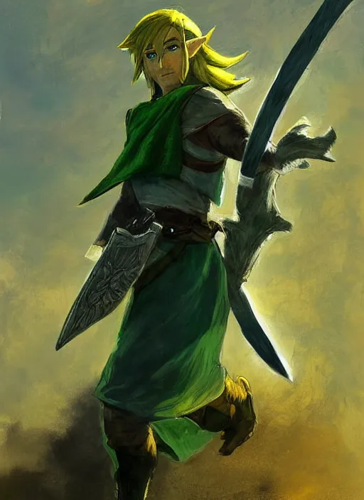 Image similar to character study painting of Link from Legend of Zelda Twilight Princess with golden hair and a long green pointed cap flowing in the wind, by Jeremy Mann, stylized, detailed, realistic, loose brush strokes, intricate, intimate, dark fantasy vibes, muted colors