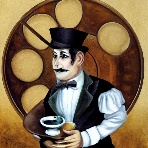 Image similar to a clockwork butler holding a plate of tea cups, steam punk, painting.