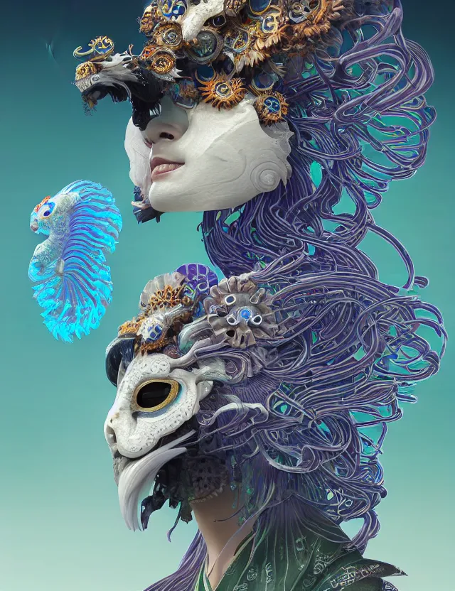 Image similar to 3 d goddess close - up profile solarpunk portrait ram skull. beautiful intricately detailed japanese crow kitsune mask and clasical japanese kimono. betta fish, jellyfish phoenix, bio luminescent, plasma, ice, water, wind, creature, artwork by tooth wu and wlop and beeple and greg rutkowski