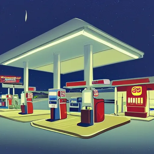 Image similar to a gas station at night by emiliano ponzi