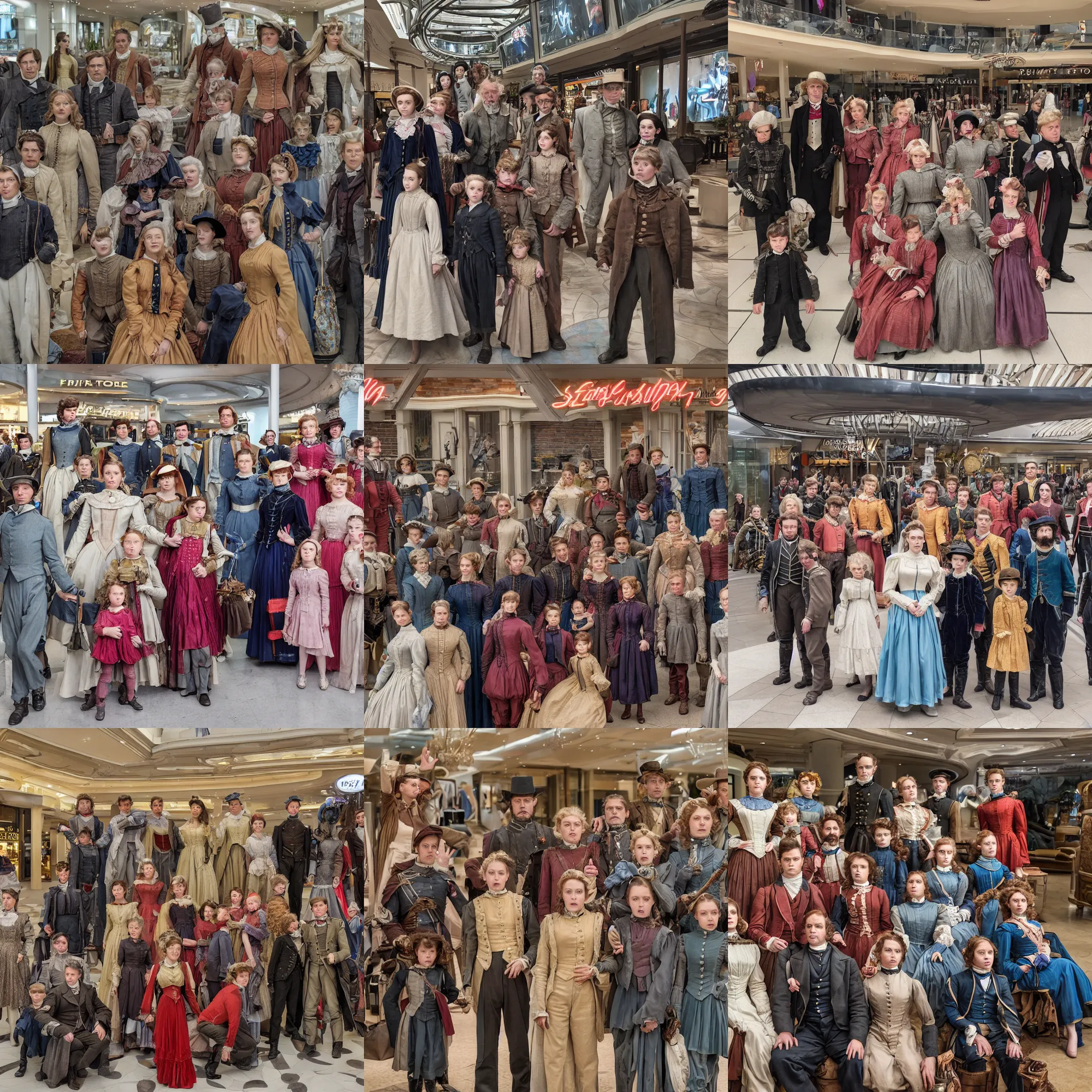 Prompt: sharp, highly detailed, still from a sci fi blockbuster color movie made in 2019, a family of time travelers from 1860 who travel in time to 2019, appearing in a shopping mall, looking surprised, the family are all wearing 1860s era clothes, good lighting, in focus, 35mm f/1.4L lens