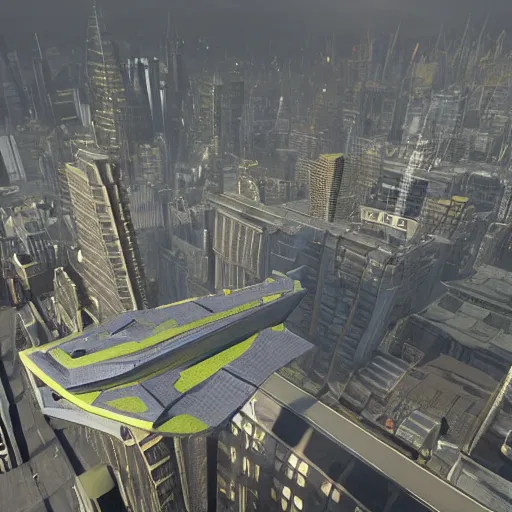 Prompt: hyperrealistic starship over a city