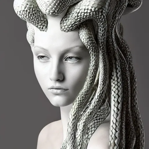 Image similar to beautiful pale smooth medusa with white silver snakes coming from her head