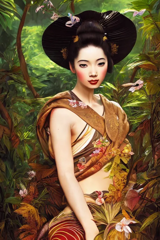 Image similar to stunningly beautiful, peruvian geisha prima ballerina in jungle, symmetrical face, golden hour, smooth, focus, highly detailed, hyper realistic, dramatic lighting, elegant, intricate, concept art, art by wlop, mars ravelo, greg rutowski, artstation