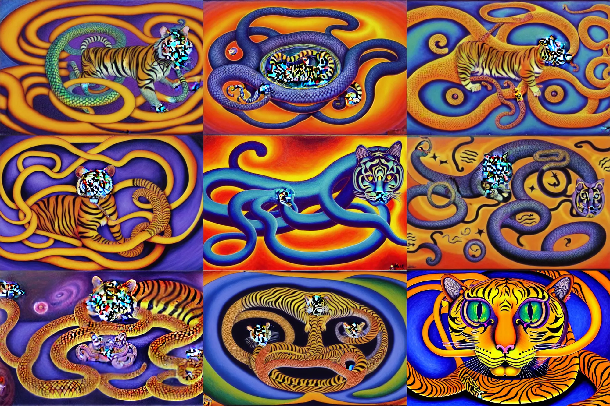 Prompt: a detailed painting of a magick cat occult effigy tiger that is a crescent shaped cat atomic latent snakes in between autobiological cybernetic resurgence of snake phonkadelic inspirations in the style of escher, alex grey, kubrick inspired by surrealism, symbolism, magical realism and dark fantasy, clear, crisp,