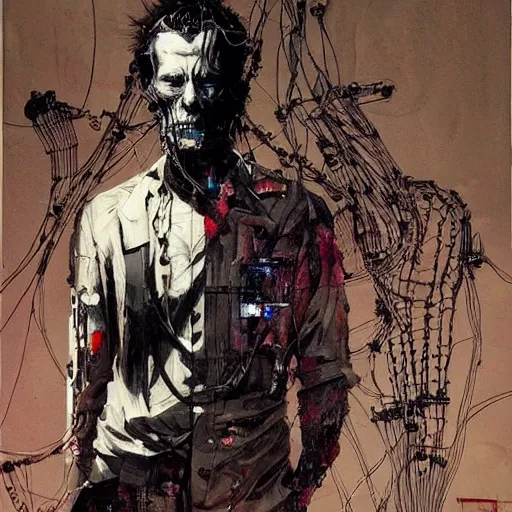 Image similar to thomas jane as a cyberpunk noir detective, skulls, wires cybernetic implants, machine noir grimcore, in the style of adrian ghenie esao andrews jenny saville surrealism dark art by james jean takato yamamoto and by ashley wood