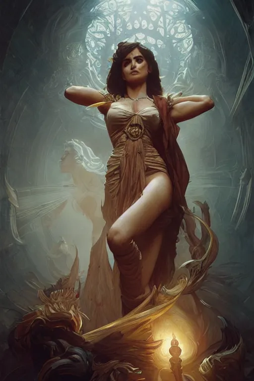 Image similar to penelope cruz , D&D, fantasy, intricate, cinematic lighting, highly detailed, beautiful, digital painting, artstation, masterpiece, concept art, smooth, sharp focus, illustration, art by Artgerm and Greg Rutkowski and Alphonse Mucha and william-Adolphe Bouguereau