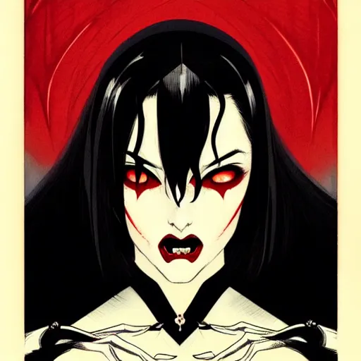 Image similar to beautiful vampire queen with fangs, symmetrical face, evil, portrait, cinematic, dramatic, powerful, super detailed and intricate, by koson ohara, by darwyn cooke, by greg rutkowski, by satoshi kon