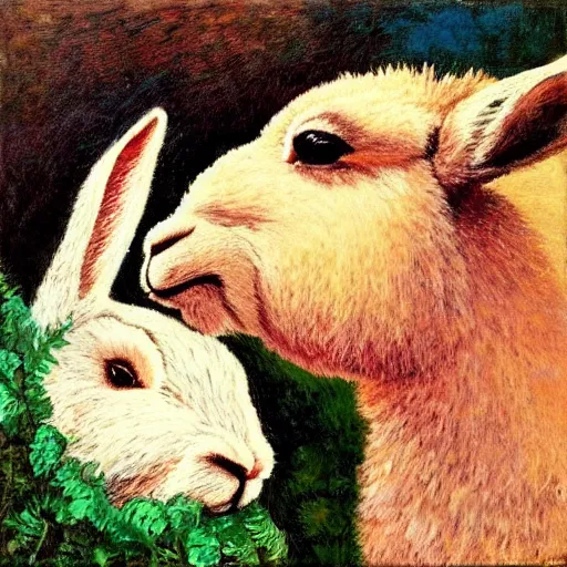 Prompt: a rabbit lovingly kissing an alpaca's cheek in the style of gifford beal