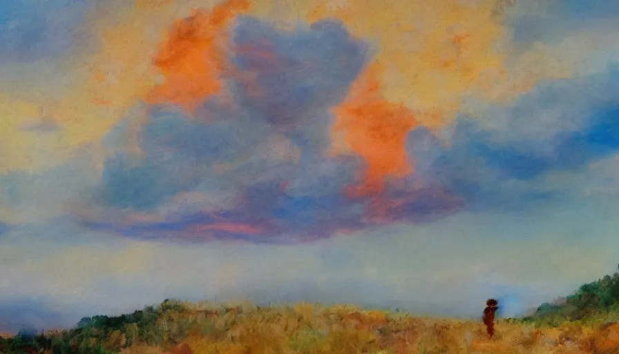 Image similar to a man placed a baby and looked under the burning clouds in the sky. 4 k rendering, impressionist painting style