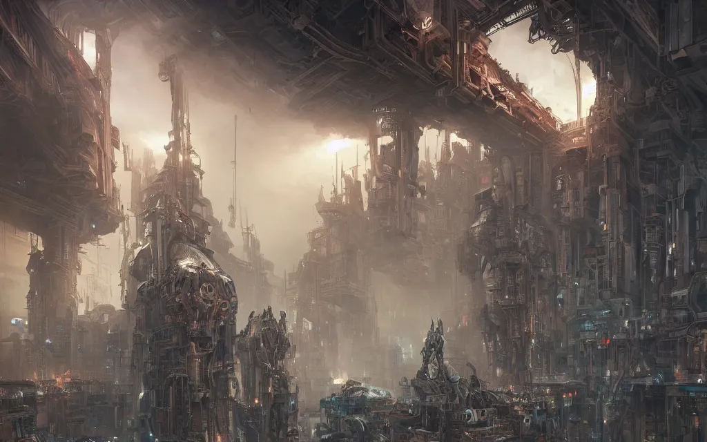 Image similar to gigantic mechanic megastructure, warhammer, cyberpunk, intricate, elegant, highly detailed, digital painting, artstation, concept art, smooth, sharp focus, octane render, dramatic lighting, volumetric lighting, cinematic lighting, art by artgerm and greg rutkowski and alphonse mucha and zdislav beksinski and wayne barlowe