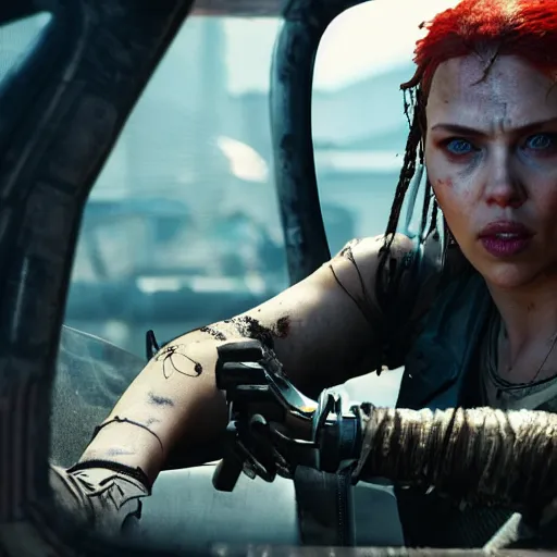 Prompt: Fury Road driver scarlett johansson tragedy in Cyberpunk 2077. CP2077. 3840 x 2160