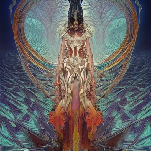 Prompt: dmt elf by zaha hadid, rick owens, zdzisław beksinski and alphonse mucha. highly detailed, hyper - real, very beautiful, intricate fractal details, very complex, opulent, epic, mysterious, trending on deviantart and artstation