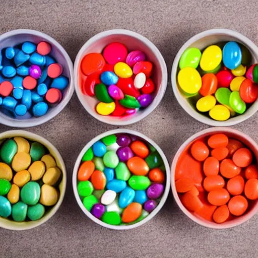 Prompt: Bowl containing a mixture of colorful, dangerous pills and harmless candies. Can you guess which is which?