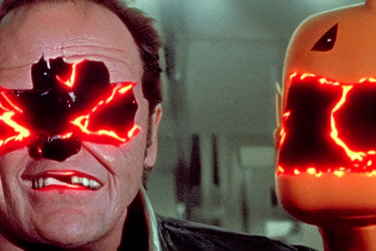 Image similar to Jack Nicholson plays Pikachu Terminator, Terminator's endoskeleton gets exposed and his eye glows red, scene from the film finale