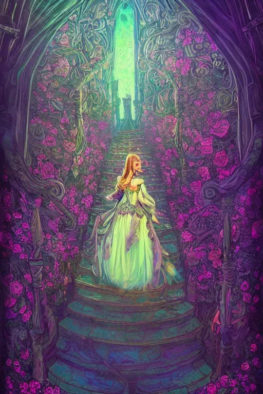 Prompt: Psychedelic black light style, nostalgia of a fairytale, elegant fairytale tower covered in roses, full body portrait of medieval princess, cottagecore, Exquisite, dramatic lighting, by Marc Simonetti, Colleen Doran