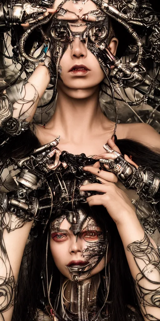 Image similar to hyperrealistic futuristic high fashion photography, girl in studio, full body, cybernetic parts by luis royo, asian, vogue magazine, nomad masterpiece, nano parts, neon lights, smoke, eerie music, beautiful intricate face and flawless skin, tribal jewelry, tattoos, perfect hands, head piece, by Edgar Maxence and Ross Tran and Michael Whelan, 8k, octane render