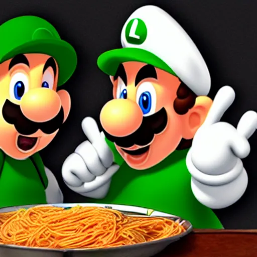 Image similar to photo of mario and luigi eating spaghetti at an italian restaurant