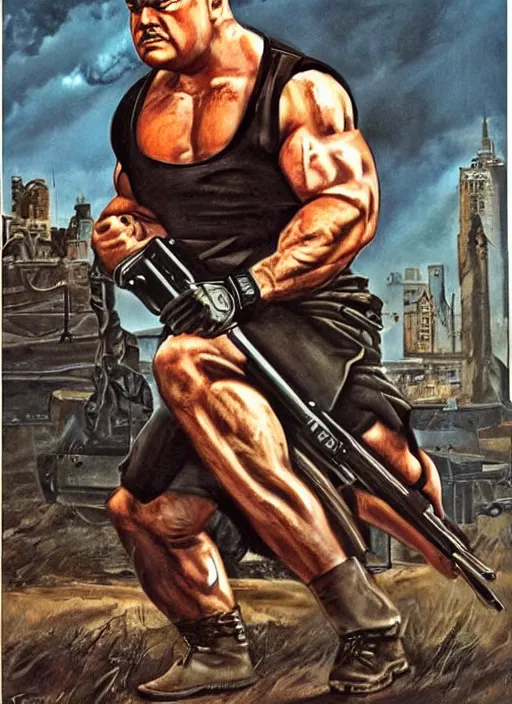 Prompt: gk chesterton as a buff action hero with muscles and a shotgun. portrait by james gurney. realistic face. awesome action movie poster art.