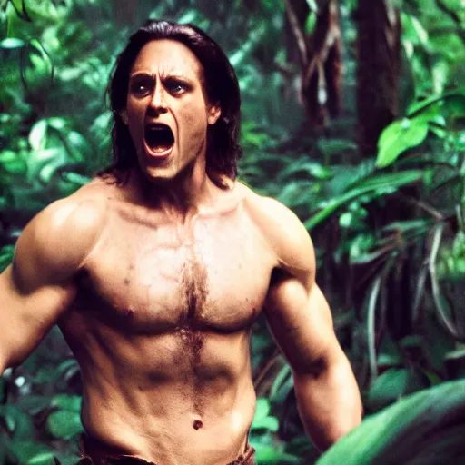 Prompt: Tarzan wearing t shirt and screaming, film still, potrait, Cinematic scene, Hollywood standard , hd , 8k, focus detailed, best ai image, perfect photo, award winning photo