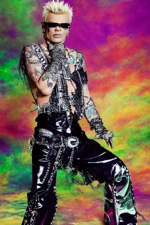 Image similar to portrait billy idol dressed in fantasy fashion, new wave, psychedelia, shiny metal, standing in a desert
