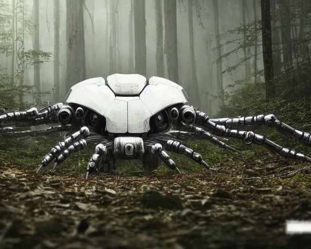 Prompt: photo of a giant huge white terminator spider with heavy duty biomechanical hydraulic cybernetic body with antennas and visor cogs and gears and components in the forest. cyberpunk horror style. highly detailed 8 k. intricate. nikon d 8 5 0 5 5 mm. art by hr giger. award winning photography.