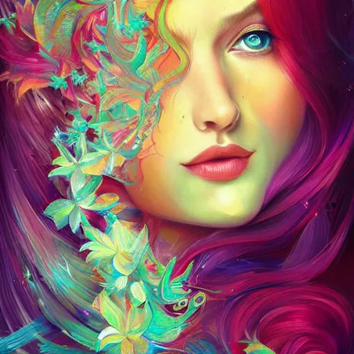 Prompt: a painting of a woman with long hair, digital art by anna dittmann, behance contest winner, psychedelic art, behance hd, detailed painting, iridescent