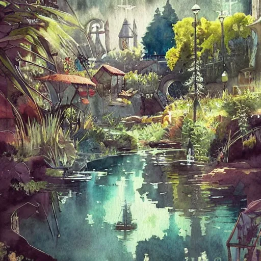 Image similar to Beautiful happy picturesque charming sci-fi town in harmony with nature. Beautiful light. Water and plants. Nice colour scheme, soft warm colour. Beautiful detailed watercolor by Lurid. (2022)