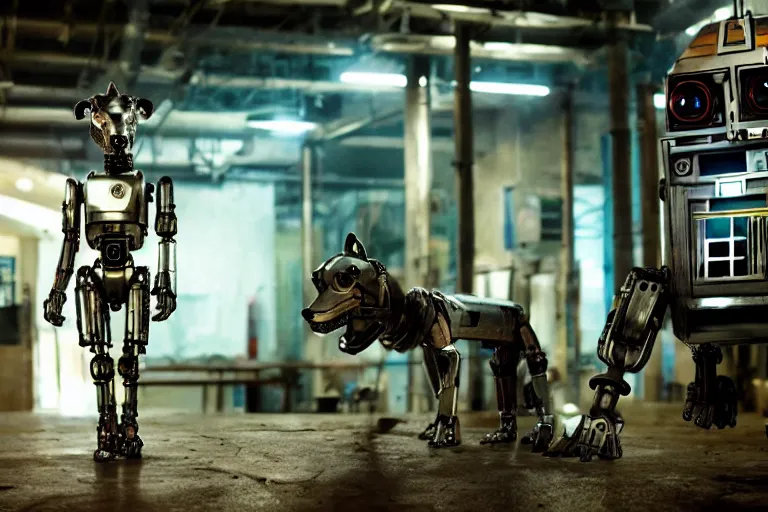 Image similar to film still from the movie chappie of the robot chappie shiny metal outdoor scene bokeh depth of field furry anthro anthropomorphic stylized wolf dog canine ears head android service droid robot machine fursona