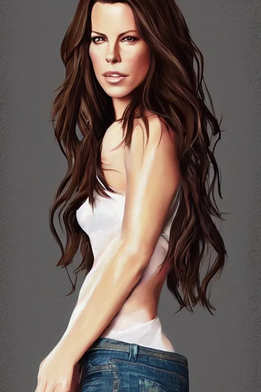 Prompt: Kate Beckinsale in a t-shirt and jeans, digital painting, artstation, concept art, illustration, by WLOP