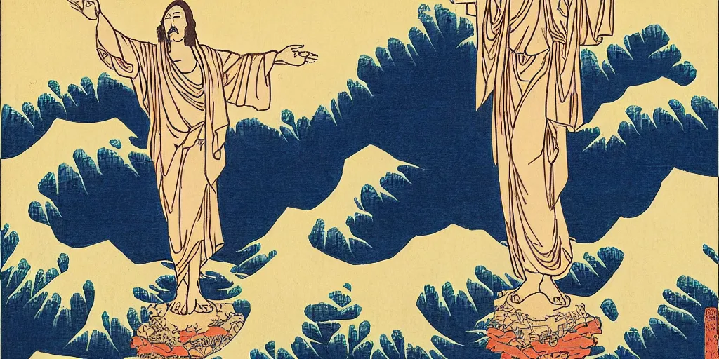 Image similar to i, Cristo Redentor opening arms by Hokusai